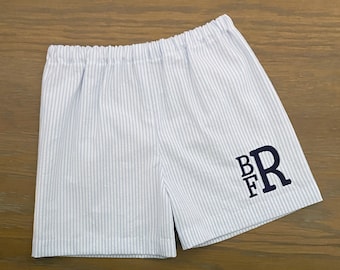 Monogrammed Seersucker Shorts- - Blue Seersucker Shorts - Summer Outfit - Boy Shorts - Girl Shorts - Seersucker Shorts