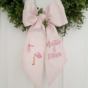 Personalized Pink Stork Bow Wreath Sash - Customized Wreath Sash - Wreath Sash - Personalized Gift - Monogrammed Gift - Baby Shower Gift