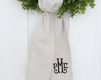 Monogrammed Khaki Striped Sash - Customized Wreath Sash - Tan Initial Wreath Sash - Personalized Gift - Wedding Shower Gift