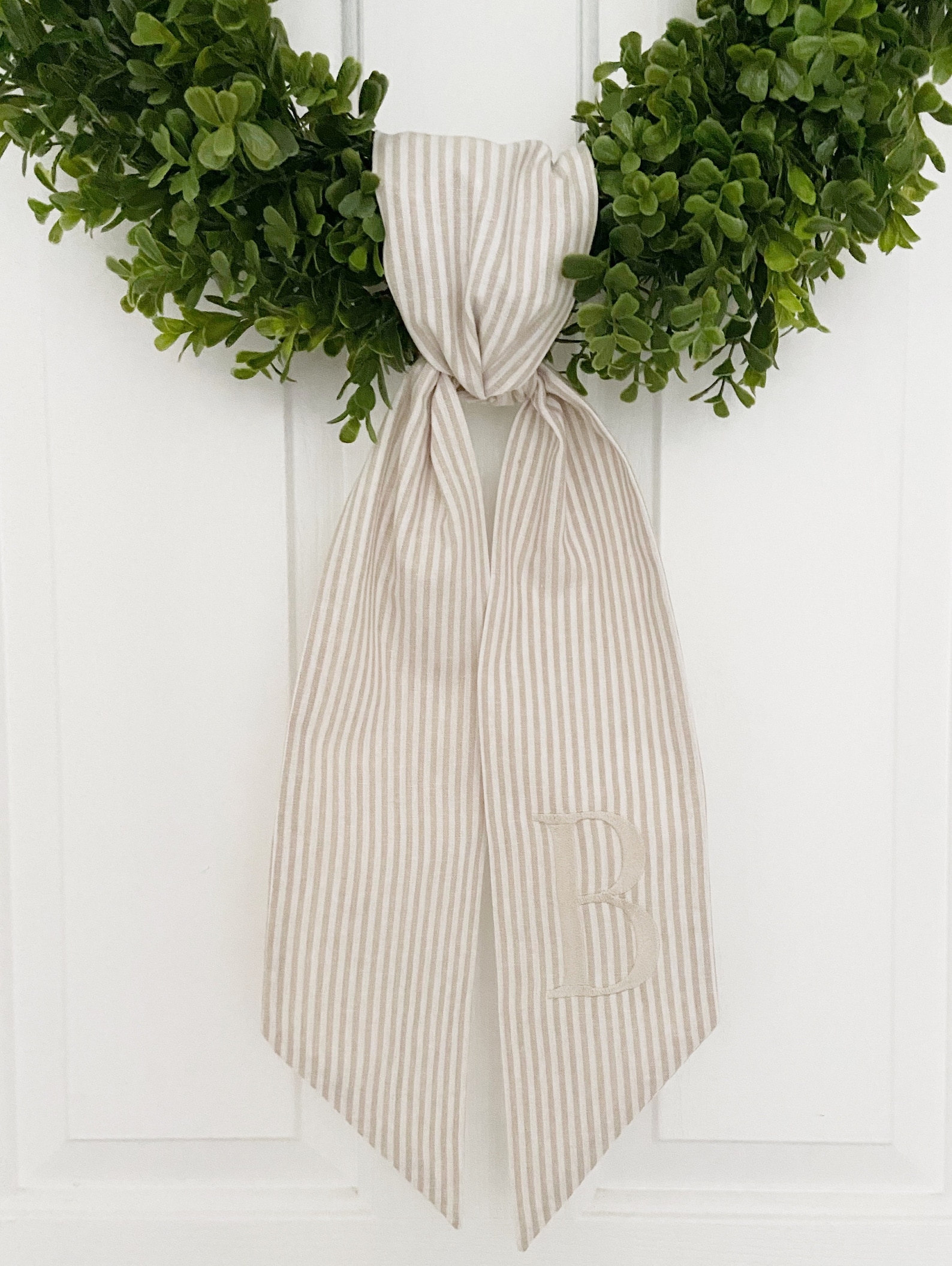 Monogrammed Khaki Striped Sash - Customized Wreath Sash - Tan Initial Wreath Sash - Personalized Gift - Wedding Shower Gift