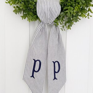 Double Initial Blue Striped Monogrammed Wreath Sash - Customized Wreath Sash - Tan Initial Wreath Sash - Personalized Gift - Wedding Shower