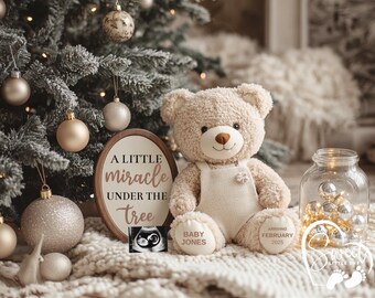 Simple Christmas Pregnancy Announcement Gender Neutral Social Media Template, Minimalist Digital Download, Modern Reveal, Christmas Teddy