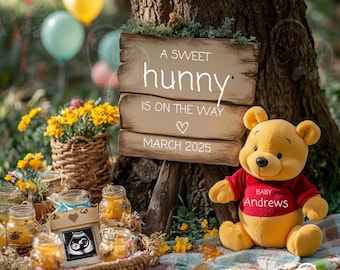 Winnie Pregnancy Announcement Digital Baby Announcement Cute Pooh Bear Editable Social Media Template Gender Neutral Little Honey Toy
