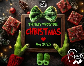 Christmas Pregnancy Announcement Digital, The Baby Who Stole Christmas, Funny Surprise Baby Announcement, Grinchmas Theme, Editable Template