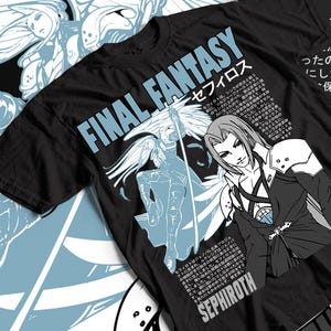 May include: Black t-shirt with a white graphic design featuring a character from the Final Fantasy video game series. The graphic includes the text "Final Fantasy" and "Sephiroth".