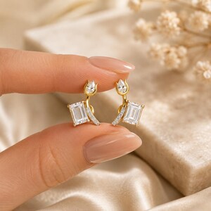 Emerald Cut Moissanite Earrings | Tulip Pear Diamond Studs | Two Tone Curved Climber Ear Jacket | Unique Flower Jewelry | Gift for her