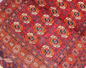 150年前 アンティーク　トルクメン絨毯　ラグ　手織 ウール 41x105cm 1940's Antique Turkmen Tekke Wool Rug, Oriental Bokhara Style