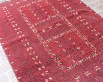 Vintage 5x7 Turkmen Ensi Rug – Handmade Afghan Geometric Wool Carpet, Hand Knotted Tribal Oriental Area Rug for Living Room, Rug for Bedroom