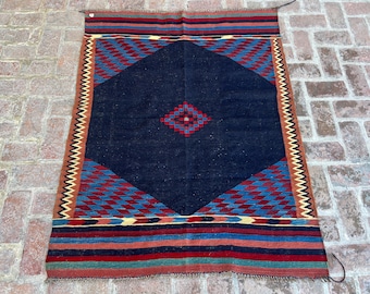 4’2x5’4 Vintage Black Kilim Area Rug, Handwoven Flatweave Wool Carpet, Afghan Sofreh Kilim, Antique Oriental Rug with Medallion, Bedroom Rug