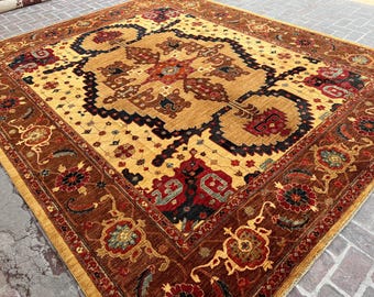 Luxury 11x14 Afghan Rug – Hand-Knotted Heriz Wool Carpet, Tribal Geometric Area Rug, Large Oriental 10x14 Rug for Living Room, Bedroom Rug