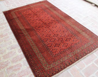 Red Vintage 5x7 Afghan Wool Rug – Hand Knotted Geometric Turkmen Carpet, Tribal Oriental Area Rug for Bedroom, Handmade Rug for Living Room