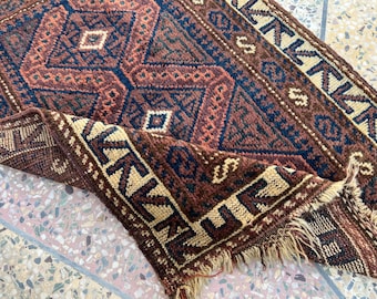 1880s COLLECTOR’S PIECE Antique Baluch 2x3 Pillow Face Rug - Hand Knotted Blue Green Wool Rug, Vintage Geometric Rug, Tribal Boho Wall Decor