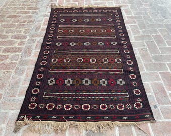 Uniek vintage soumak kelimtapijt 4 x 7 | Handgeknoopt tribal oosters wollen tapijt, authentiek Afghaans geometrisch nomadisch tapijt voor woonkamer