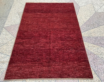 5x8 Red Afghan Rug, Semi High Pile Hand Knotted Solid Wool Carpet, Modern Oriental Rug, Simple Design Boho Area Rug for Bedroom, Living Room