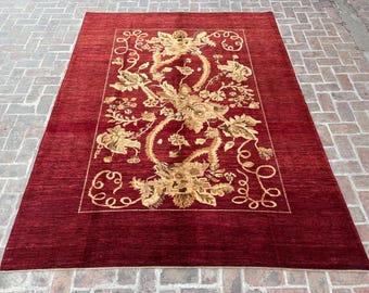 8 x 10 rood Afghaans vloerkleed – groot Perzisch handgeknoopt wollen tapijt, bloemen oosters tapijt, boho-tapijt voor slaapkamer, woonkamer of boerderij
