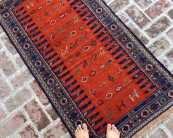 Rare 3x6 Vintage Pictorial Kilim Rug – Handwoven Orange Wool Flat-Weave Rug, Tribal Animal Design Oriental Carpet for Boho & Rustic Decor