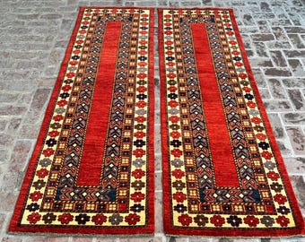 Pair of 3x8 Red Afghan Runner Rugs – Hand Knotted Wool Tribal Runners, Modern Oriental Carpets, Geometric Border Rugs for Hallway or Bedroom