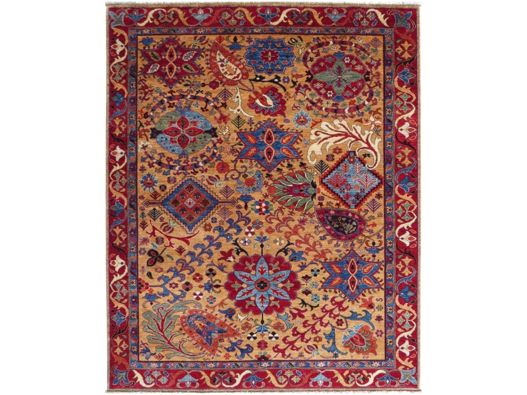 Unique Area Rug 8x10 Hand Knotted Gold Wool Rug - Afghan Tribal Rug ...
