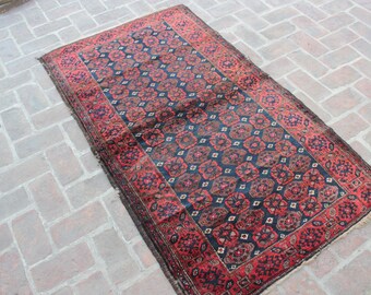Vintage Wool Area Rug 3x6 – Hand Knotted Geometric Rug, Antique Afghan Rug, Natural Dyes Blue & Red Rug, Boho Oriental Rug for Collector's