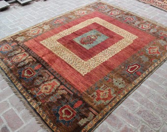 1970s Vintage Area Rug 7x9 Handmade Wool Rug - Afghan Tribal Rug - Geometric Turkmen Rug - Rugs for Living Room - Oriental Rug for Bedroom