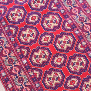 3x9 Tribal Afghan Runner Rug – Geometric Hand Knotted Red Wool Rug, Oriental Long Area Rug, Persian Style Hallway Carpet, Boho Bedroom Decor