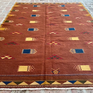6x8 Vintage Soumak Kilim Rug – 1970s Hand Knotted Red Wool Carpet - Geometric Flatweave Area Rug, Afghan Kilim Rug, Bedroom Rug, Persian Rug