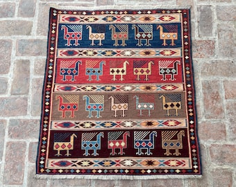 Aesthetic 3x4 Vintage Baluchi Pictorial Kilim Rug – Unique Animal Print Flat-Weave Handmade Wool Tribal Rug for Collectors or Small Spaces