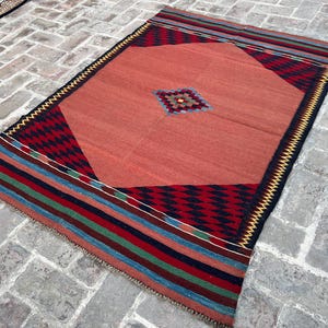 Vintage 4x6 Afghan Kilim Rug - Handwoven Pink Flatweave Wool Carpet with Medallion - Antique Persian Tribal Rug - Small Area Rug for Toddler