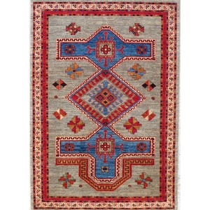 Hand Knotted 5’9x8’5 Kazak Rug, Afghan Tribal Geometric Wool Carpet, Oriental Area Rug, Handmade Boho Decor Rug for Bedroom, Living Room Rug