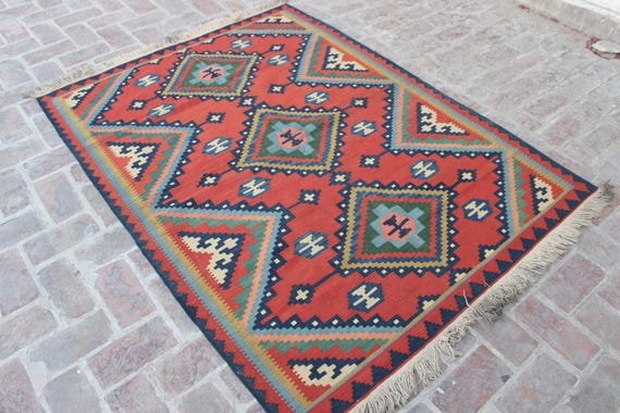 Geometric Kilim Rug 5x6 - Handwoven Flatweave Wool Rug, Vintage Afghan Rug, Turkish kilim Carpet, Red Blue Green Rug, Bedroom or Kitchen Rug