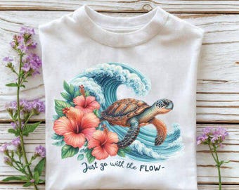 Beach Sea Turtle PNG: Summer Waves & Flowers Clipart