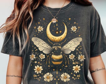 Bee Boho Celestial Moon Phase PNG Design: Vintage Floral T-Shirt (Digital Download