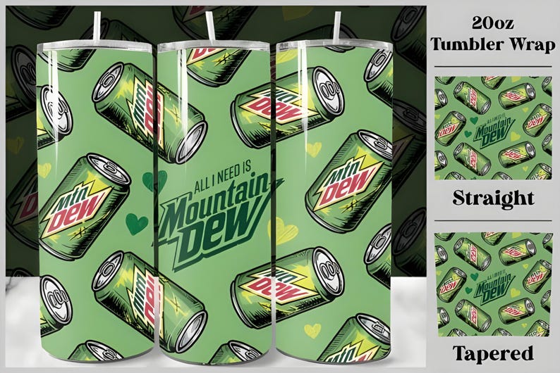 Puede incluir: Un envoltorio de vaso de 20 oz con un patr&oacute;n repetido de latas verdes de Mountain Dew sobre un fondo verde claro. Tambi&eacute;n se muestra la frase "ALL I NEED IS Mountain Dew". El dise&ntilde;o incluye corazones.