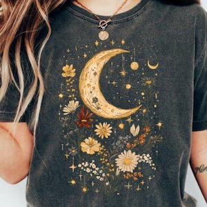 Lune céleste, fleurs bohèmes, fichiers Png bohèmes, chemise design vintage