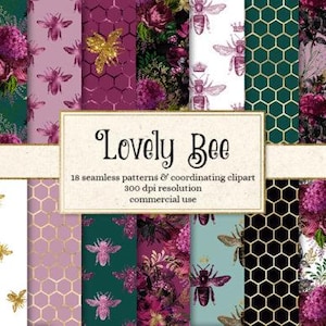 Precioso conjunto de imágenes prediseñadas digitales de abejas, con patrones sin costuras en burdeos, verde y dorado. Descarga instantánea.