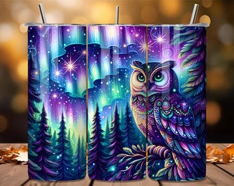 Diseño PNG de envoltura para vaso con búho y aurora boreal (descarga digital)