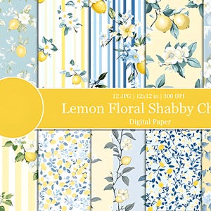 Papier numérique floral shabby chic, conception de motifs botaniques, motif de tissu Lemon Garden