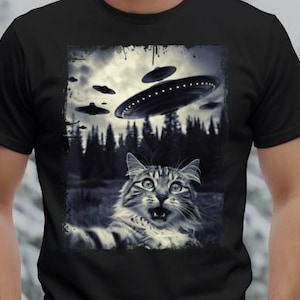 Selfie de chat avec un extraterrestre OVNI, conception PNG drôle, conception de t-shirt chat, conception de chemise drôle