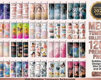 Paquete de 120 diseños de vasos delgados de 20 oz en formato PNG.