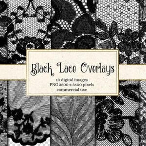 Black Lace PNG Overlays | Transparent Background | Gothic Wedding Clipart | Digital Scrapbooking Embellishments | 12x12 | 300 DPI