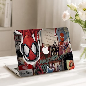 May include: A laptop skin featuring a collage of Spider-Man comic book imagery, including a large red and blue masked character wearing headphones, a 'Hello My Name Is Peter Parker' sticker, and text reading 'Courtesy, Your Friendly Neighborhood Spider-Man'.