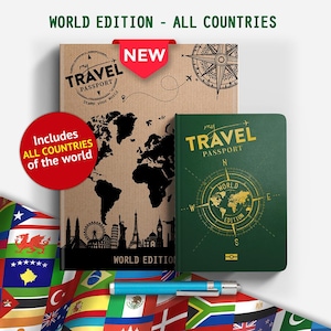 Puede incluir: Un juego de pasaportes de viaje con cubiertas marrones y verdes, con mapas del mundo y el texto "WORLD EDITION - ALL COUNTRIES". Un círculo rojo indica "Includes ALL COUNTRIES of the world". Un bolígrafo azul descansa debajo.