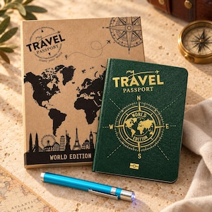 以下が含まれることがあります： 黒い世界地図、コンパスローズ、My TRAVEL PASSPORT Stamp your World WORLD EDITIONの文字が描かれた茶色の段ボール箱と、金色の文字が入ったダークグリーンのパスポートホルダー、そして鮮やかな青い金属製のペン。