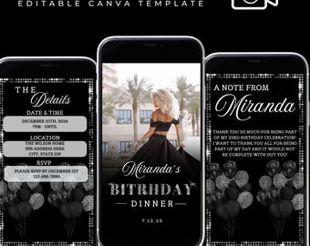 Evite editável preto e prata, convite de vídeo, convite de aniversário, modelo de convite para jantar de aniversário, tema preto e prata, modelo de vídeo