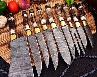 Handgemaakte Damascus koksmessen cadeauset – hert gewei handvat, keukenmessenset, huwelijkscadeau, jubileumcadeau, buitenkookmessen