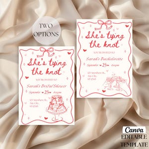 Editable She&#39;s Tying the Knot Bachelorette, She&#39;s tying the knot  Bridal Shower Party, Pink Bow Bachelorette Invitation Bride Bridal Brunch