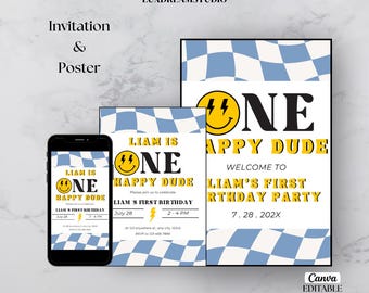 One Happy Dude Birthday Bundle Smiley Face Birthday Bundle One Cool Dude Party Favors Editable Template