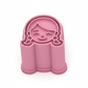 May include: A pink plastic cookie cutter in the shape of a smiling girl with pigtails. The cutter has a simple, cartoon-like design, perfect for creating fun and festive cookies or fondant decorations. The cutter is made of durable plastic.