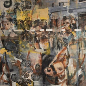 May include: Abstract painting with a layered, textured style. The painting features multiple figures with muted colors and a background of swirling patterns.