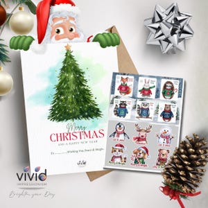 May include: A Christmas card featuring a watercolour illustration of a Christmas tree and the text "Merry Christmas and a Happy New Year". The card is decorated with a Santa Claus peeking over the top. There are also stickers with various animals wearing jumpers and festive greetings.